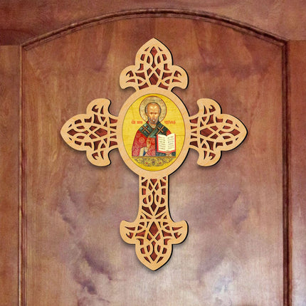 Saint Nicholas Pointy Wooden Cross by Museum Icons - Inspirational Icon Decor - 88321-1