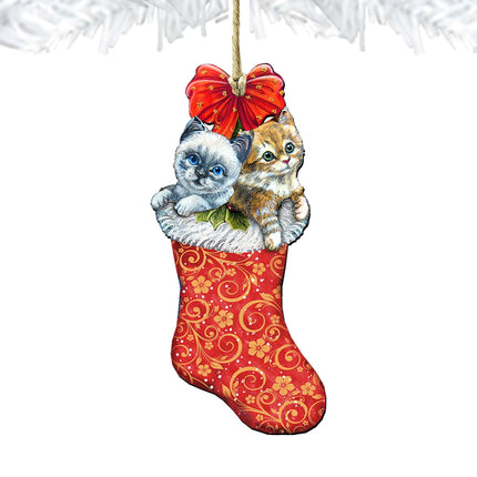 Kitty Cats Christmas Stocking Wooden Ornaments by G. DeBrekht - Christmas Santa Snowman Decor - 8114021-4