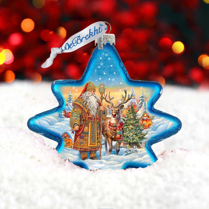 Santa with Reindeer Star Glass Ornament by G. Debrekht - Christmas Santa Snowman Decor - 755-050-3