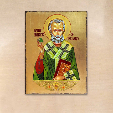 Saint Patrick Wooden Gold Plated Religious Christian Sacred Icon - Celtic Decor - 85060-0