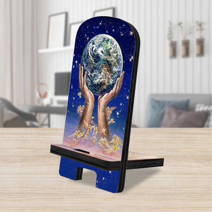 World In My Hands Cell Phone Stand Inspirational Decor Wood Mobile Tablet Holder Charging Station Organizer by Josephine Wall - 892081-JW-0