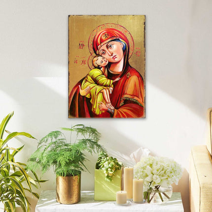 Vladimir Virgin Mary Wooden Gold Plated Religious Orthodox Sacred Icon - Inspirational Icon Decor - 85011-2