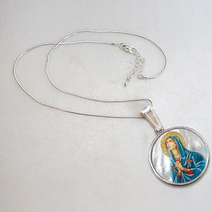 Virgin Mary Praying Silver Plated Mother of Pearl Necklace - 43014-2