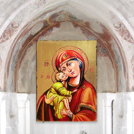 Vladimir Virgin Mary Wooden Gold Plated Religious Orthodox Sacred Icon - Inspirational Icon Decor - 85011-3