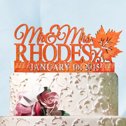 Mr. and Mrs. Wedding Cake Topper - Wooden Cake Topper with date Autumn Wedding  #94127F-0