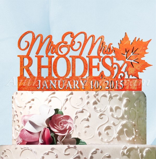 Mr. and Mrs. Wedding Cake Topper - Wooden Cake Topper with date Autumn Wedding  #94127F-0