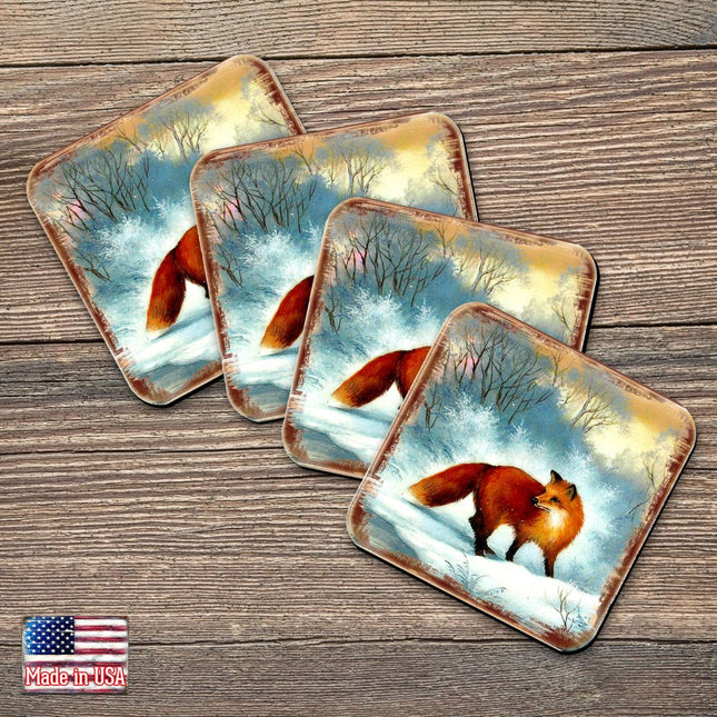 Fox Wooden Cork Coasters Gift Set of 4 by Nature Wonders - Nature Wildlife Decor  - 95376C-S4-0
