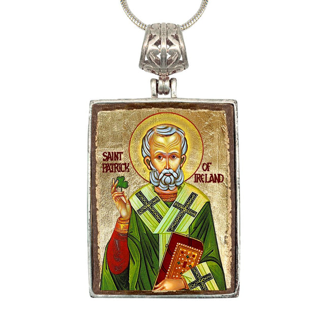 Saint Patrick Religious Jewelry Silver Plated Necklace, Gold-Plated Wooden Cabochon - Celtic Sacred Icon - Celtic Decor - 43060R-0