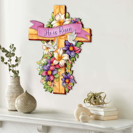 He is Risen Wooden Cross by G. Debrekht - Easter Spring Decor - 88162-4