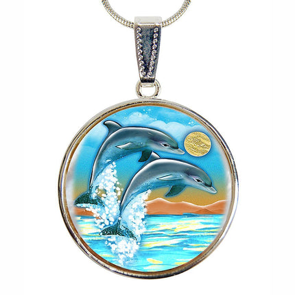 Flying Dolphins Silver Plated Jewelry Mother of Pearl Pendant Necklace - 44011-1