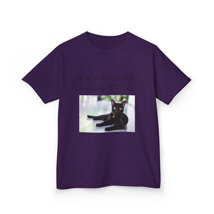 Kids Cat Lover Tee – “A Cat Makes Everything Better” – Heavy Cotton