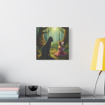 Fairy and Black Cat Canvas Wall Art — Magical Forest Matte Canvas Print