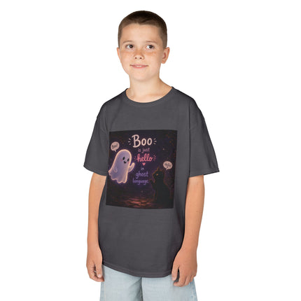 Kids Halloween Tee — "Boo: Hello Ghost Language" Cute Ghost Shirt