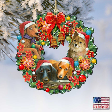 Christmas Friends Puppy Wreath Wooden Ornaments by G. DeBrekht - Pets Dog and Cats Decor - 8185307-6-SL-1