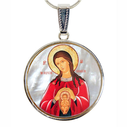 Blessed Virgin Mary Patron Silver Plated Mother of Pearl Jewelry Necklace - 43017-1