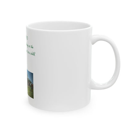Flower Child Photo Ceramic Mug — "Flower Child" Quote, Festival Group Photo Coffee Cup (11oz, 15oz)