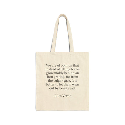 Sturdy cotton canvas book tote featuring a text‑only Jules Verne quote in a simple, minimalist layout