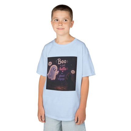Kids Halloween Tee — "Boo: Hello Ghost Language" Cute Ghost Shirt