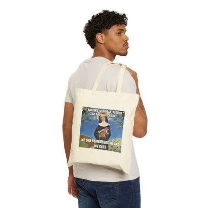 Tote Bag — Funny 'No One Remembers Me and My Cats' Vintage Saint Cat Meme Canvas Tote