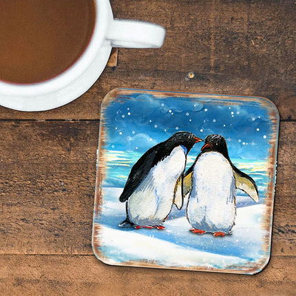 Penguins Coastal Wooden Cork Coasters Gift Set of 4 by Nature Wonders - Coastal Sea-Life Decor - 8198542C-S4-1