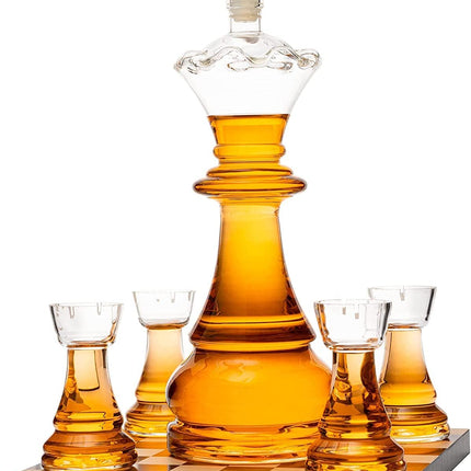 New Chess Decanter Set by The Wine Savant - Queen Chess Decanter 750ml 12" H With 4 Rook Shot Glasses 4oz - Queen's Gambit, Chess Player Gifts, Whiskey, Wine Lovers Gifts for Dad…-4