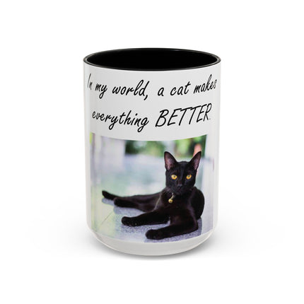 Black Cat Accent Ceramic Mug – “A Cat Makes Everything Better” – 15oz