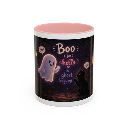 Halloween Ghost Coffee Mug — “Boo is just hello in ghost language” Accent Mug
