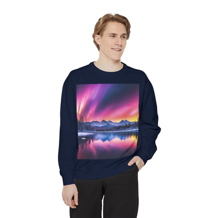 Aurora Lake Crewneck Sweatshirt — Colorful Northern Lights Landscape