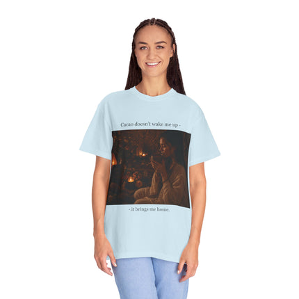 Cacao Doesn't Wake Me Up T-Shirt — Cozy Candlelit Illustration Tee