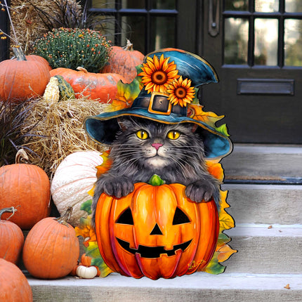 Black Cat Pumpkin Holiday Door Decor by G. DeBrekht - Halloween Decor - 8652794H-1