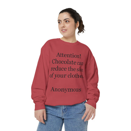 Sweatshirt — "Attention! Chocolate can reduce the size of your clothes. — Anonymous"