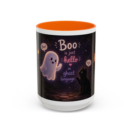 Halloween Ghost Coffee Mug — “Boo is just hello in ghost language” Accent Mug