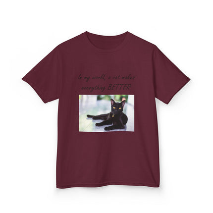 Kids Cat Lover Tee – “A Cat Makes Everything Better” – Heavy Cotton