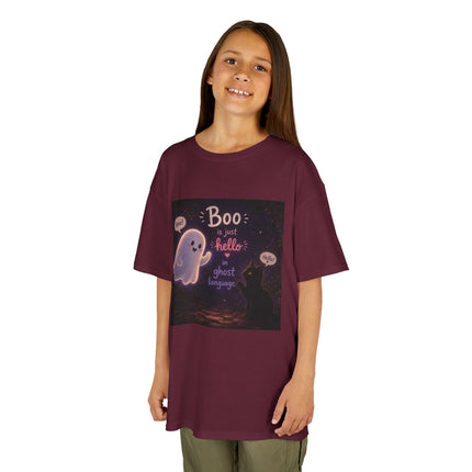 Kids Halloween Tee — "Boo: Hello Ghost Language" Cute Ghost Shirt