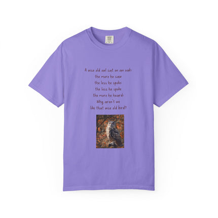 Poem & Owl Graphic T‑Shirt — 'A wise old owl...' Nature Poetry Tee