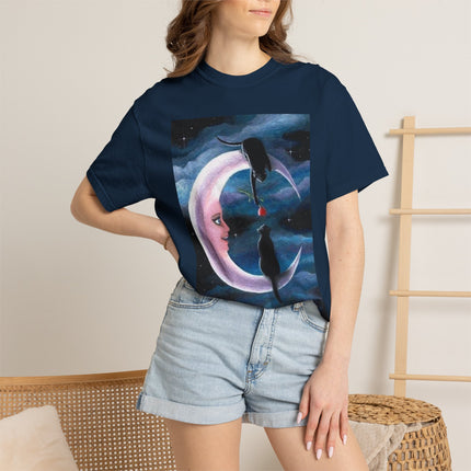 Moonlight Cats Graphic T‑Shirt — Romantic Crescent Moon Art Tee