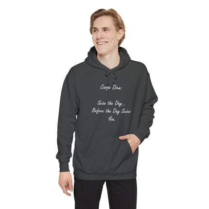 Hoodie — “Carpe Diem” Script Hoodie (Seize the Day Inspirational Pullover)