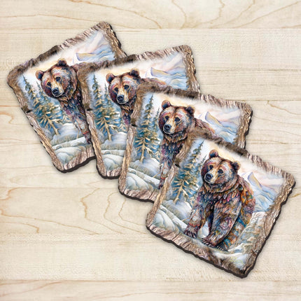 Grizzly Bear Wooden Cork Coasters Gift Set of 4 by Nature Wonders Nature Wildlife Decor  - 95397C-S4-0