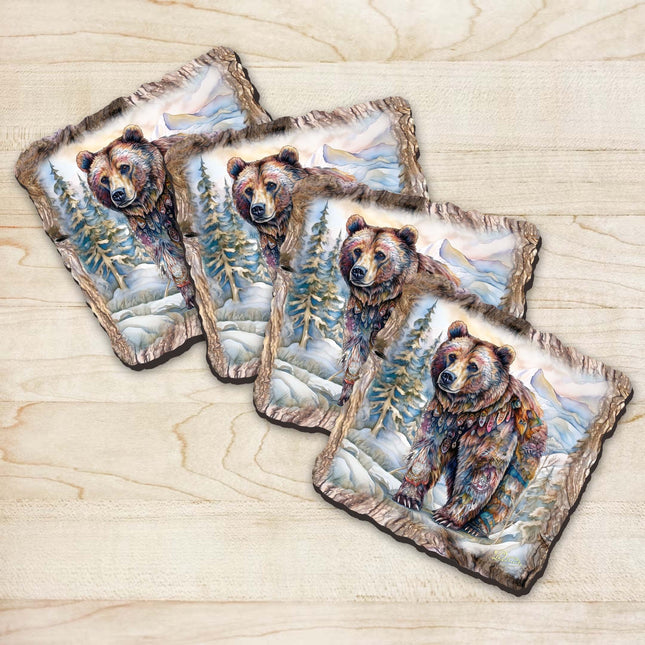 Grizzly Bear Wooden Cork Coasters Gift Set of 4 by Nature Wonders Nature Wildlife Decor  - 95397C-S4-0