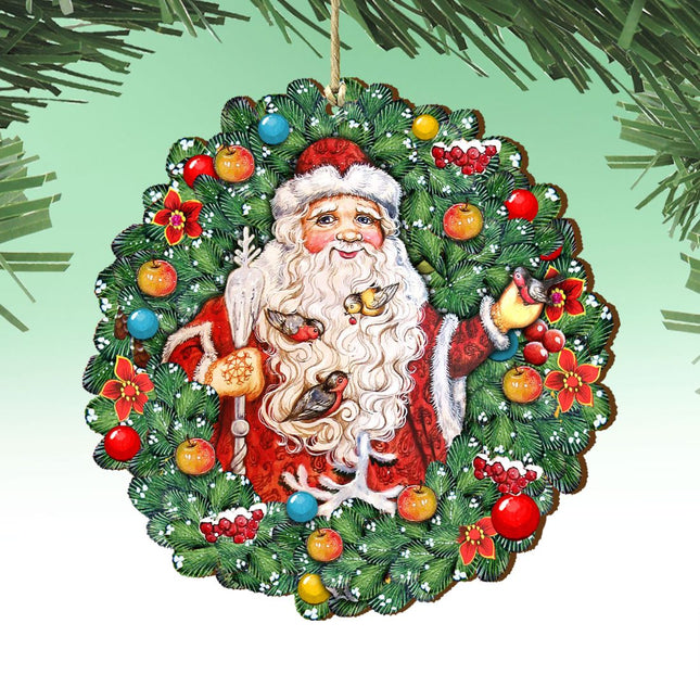 Santa Wreath with Birds Wooden Ornaments by G. DeBrekht - Christmas Santa Snowman Decor - 8185320-0