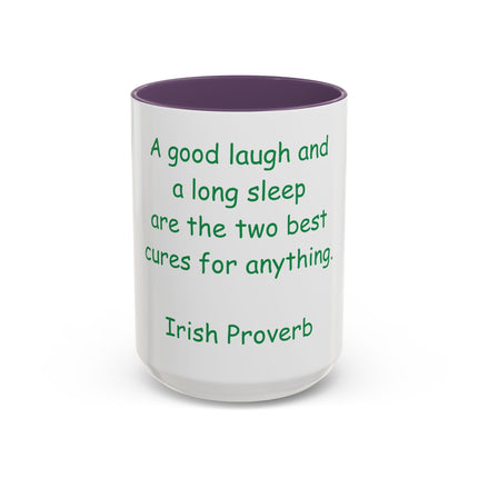 Irish Proverb Coffee Mug — "A good laugh and a long sleep" Accent Mug