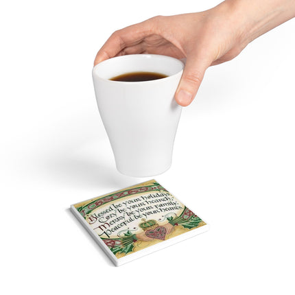 Blessed Holidays Ceramic Coaster - Cozy Family Home Decor