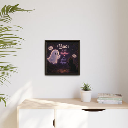 Framed Canvas Art - "Boo is Just Hello" Cute Ghost & Black Cat Halloween Print