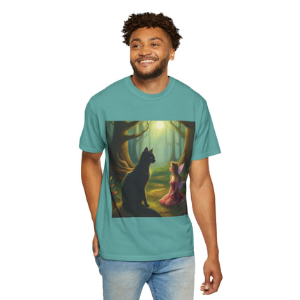 Fairy and Black Cat Forest T-Shirt — Enchanted Woodland Magic Tee