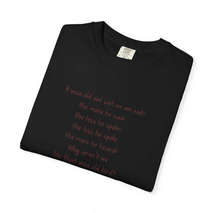 Poem & Owl Graphic T‑Shirt — 'A wise old owl...' Nature Poetry Tee