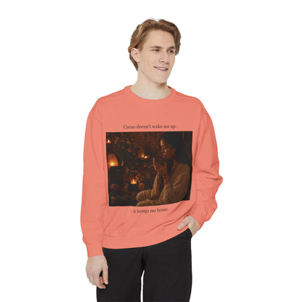 Cozy Candlelit Photo Sweatshirt — "Cacao doesn't wake me up... it brings me home"