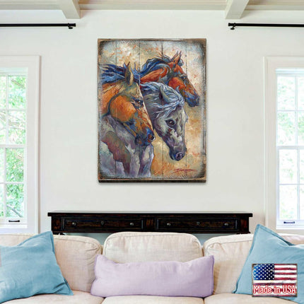Let Them Run Horse Heads Wooden Wall Art by J. Bergsma - Nature Wildlife Decor  - 8592259B-JB-3