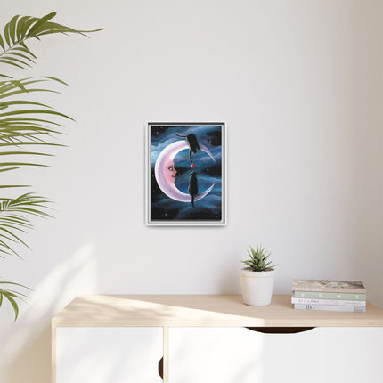 Framed Matte Canvas Moon Cats Wall Art — Whimsical Night Sky Print