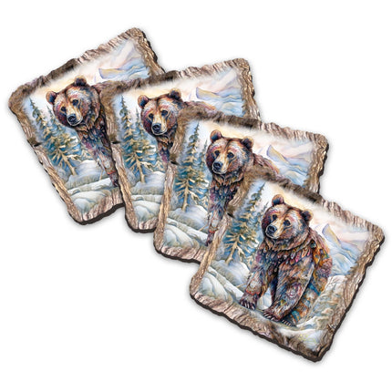 Grizzly Bear Wooden Cork Coasters Gift Set of 4 by Nature Wonders Nature Wildlife Decor  - 95397C-S4-4