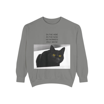 Cozy Cat Lover Sweatshirt - "In the Here, In the Now, No Worries, Only Meow"